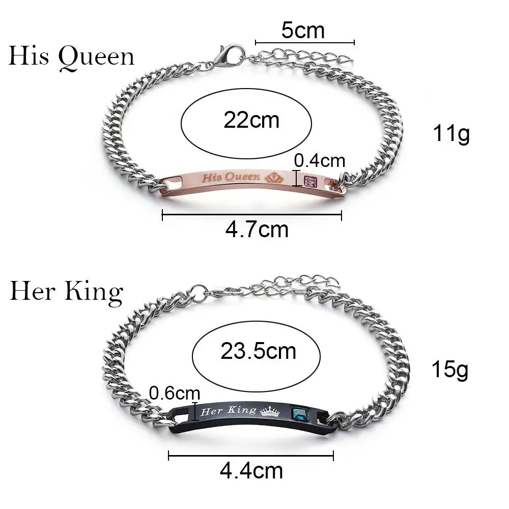 Elegant Crystal Crown Couple Bracelets - His Queen & Her King Stainless Steel Love Bangles