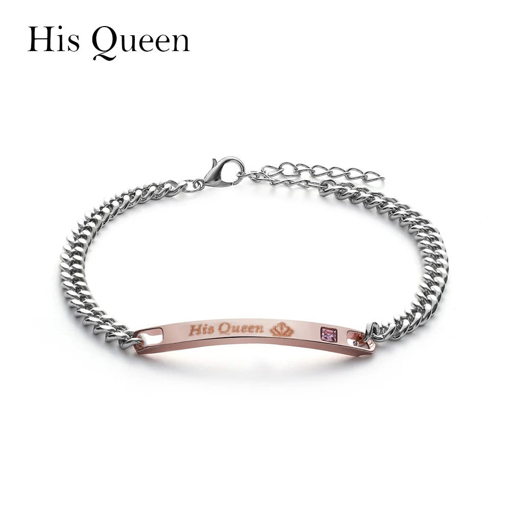 Elegant Crystal Crown Couple Bracelets - His Queen & Her King Stainless Steel Love Bangles