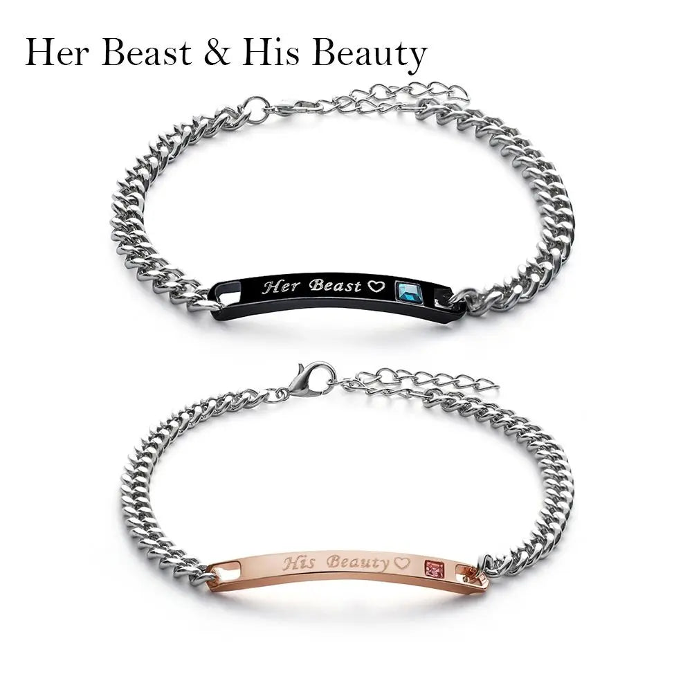 Elegant Crystal Crown Couple Bracelets - His Queen & Her King Stainless Steel Love Bangles