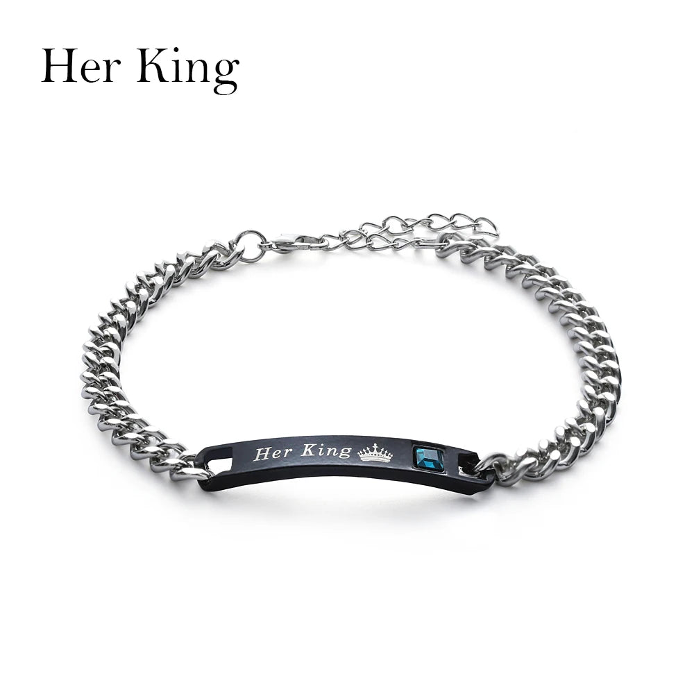 Elegant Crystal Crown Couple Bracelets - His Queen & Her King Stainless Steel Love Bangles