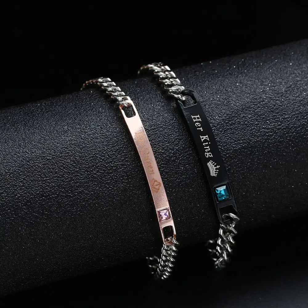 Elegant Crystal Crown Couple Bracelets - His Queen & Her King Stainless Steel Love Bangles