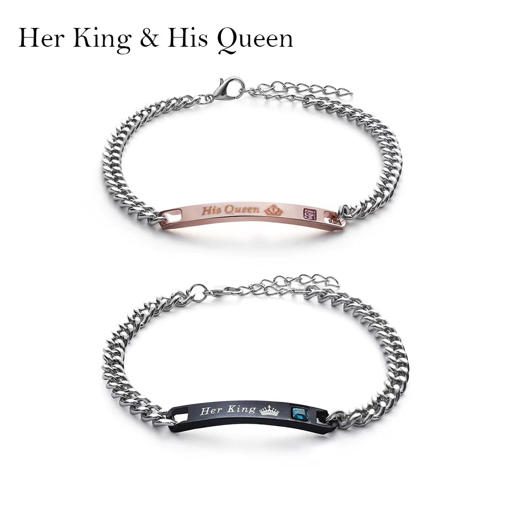 Elegant Crystal Crown Couple Bracelets - His Queen & Her King Stainless Steel Love Bangles